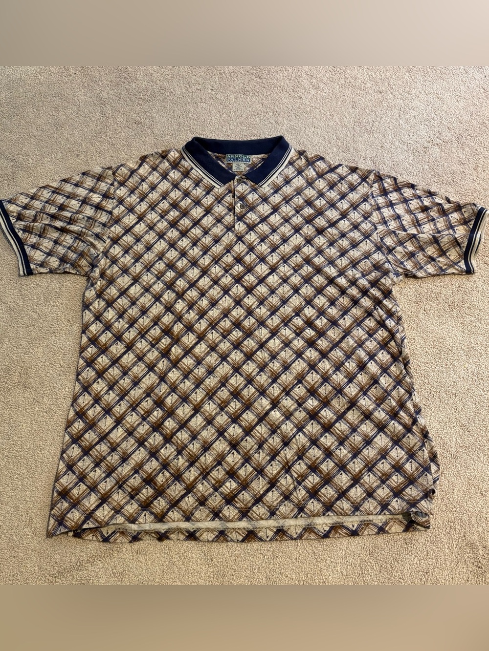 Vintage 90’s Arnold Palmer Sportswear Navy & Tan Golf Theme Polo Shirt, XXL